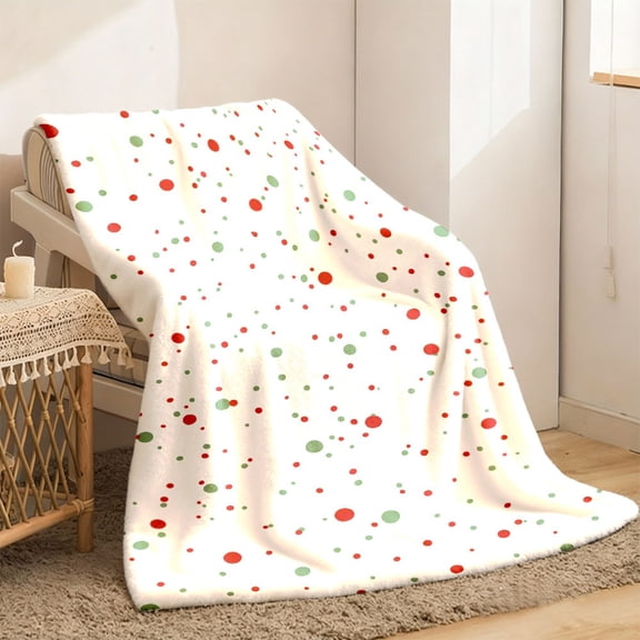 Luxury Plush Flannel Blanket - Red/Green/White Poinsettia & Polka Dot Print, Soft Cozy Throw for Bed, Sofa, Travel, Camping, Machine Washable