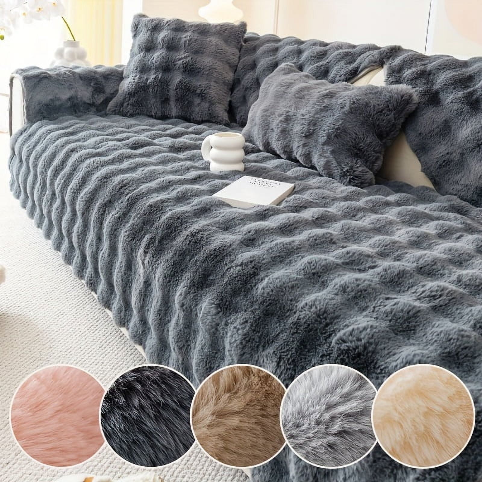 Luxury Plush Imitation Rabbit Sofa Cover: Non-Slip, Pet-Friendly, Easy ...