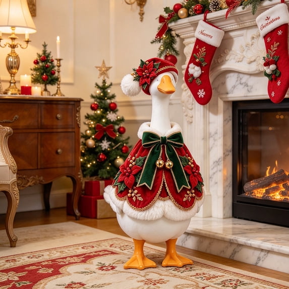 Luxury Poinsettia Velvet 23 inch Porch Goose Outfit Red Velvet Cape for Lawn Goose Statues Christmas Winter Patio Yard Decor