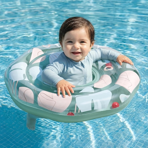 Joyfy Pool Float with Double Air Chambers, Inflatable Swimming Float with Safety Seat, Tropical Leaves Design Swim Float Ring Swimming Pool Accessories