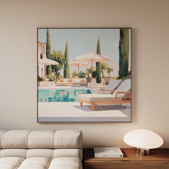 Luxury Poolside Lounge Wall Art Mediterranean Resort Pastel Mansion Pool Scene Style Square Art, Unframed Paper Print