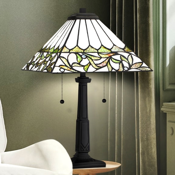 Luxury Posh Tiffany Table Lamp, Large Size: 23''H x 14''W, with Cottagecore Style Elements, Matte Black Finish, UQL7007 from the Harrow Collection by Urban Ambiance