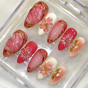 Luxury Press on Nails Medium Almond Handmade 3D Unique Reusable ABS Material Fake Nails French Tip False Nails with Designs Pink Floral Glossy Glue on Nail Thick Acrylic Nail(S)