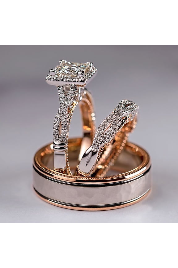 New Luxury Princess Cut Cubic Zircon Bridal Marriage Set Rings Elegant Accessories Brilliant Women Men Wedding Trendy Jewelry