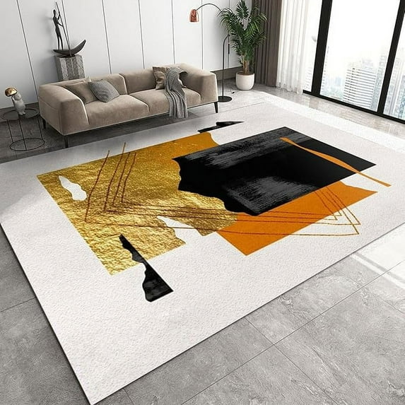 Luxury Printed Art Area Rugs, Abstract Black Orange Gold Foil Color Geometry Rug For Living Room, Non-Slip Washable Soft Easy Clean Durable Carpet For Bedroom Entryway Hallway 3 x 4ft