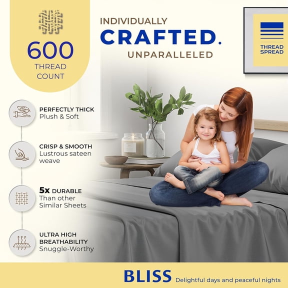 Luxury Pure Egyptian Cotton Sheets Twin XL Size - 600 Thread Count 3 PC Twin XL Sheets Deep Pockets, Cooling Sateen Weave College Dorm Bedding Twin XL, Fits Mattress Upto 18"- Dark Grey