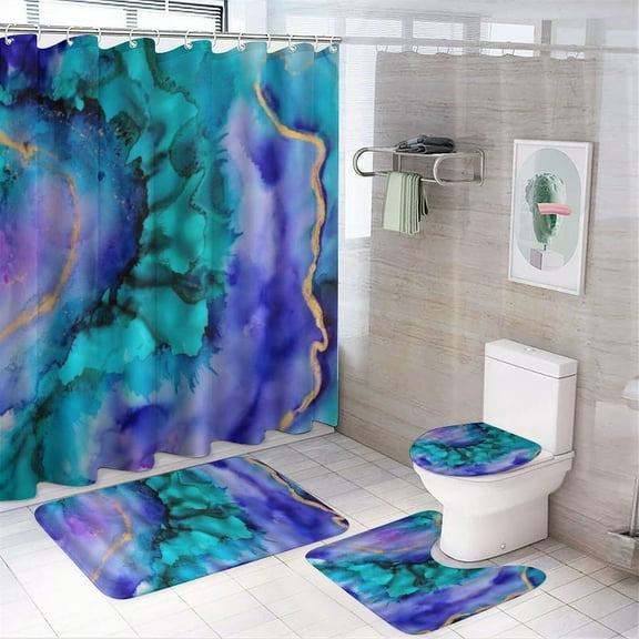 Luxury Purple Blue Morden Shower Curtain Set with Rug, Abstract Art Painting Bathroom Shower Curtain Sets Waterproof Bath Curtain