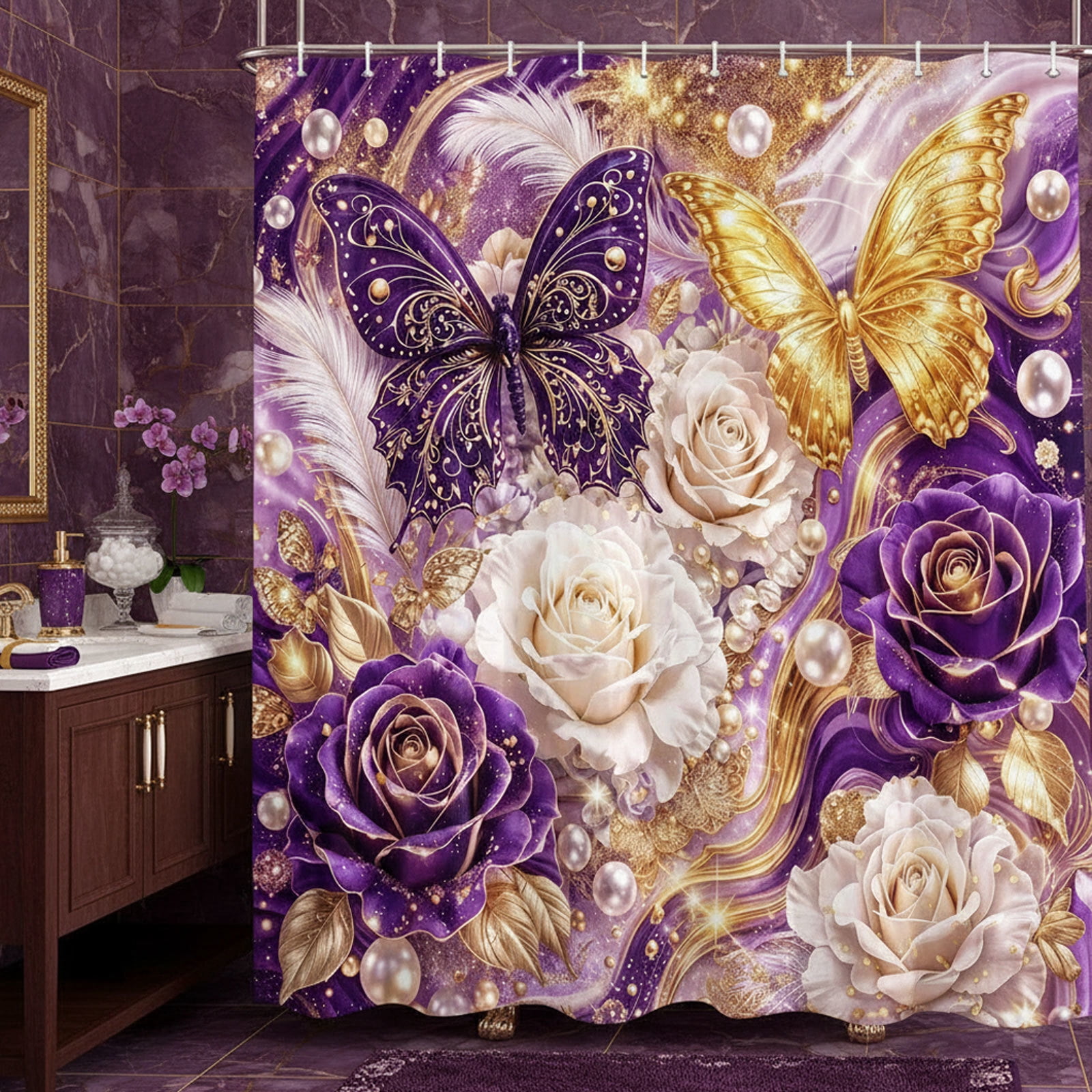 Luxury Purple and Gold Butterfly Floral Shower Curtain, Elegant Marble Rose Modern Texture Shower Curtains for Bathroom Decor, Elegant Golden Fluid Aesthetic Bath Curtain Set with Hooks,70X70IN