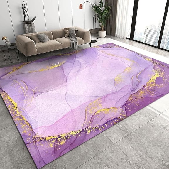 Luxury Purple Marble Area Rugs, Nordic Purple Gold Fantasy Quicksand Printed Carpet, Soft Machine Washable Rug For Kids Bedroom Living Room Front Entrance Office Study Decor 5 x 8ft