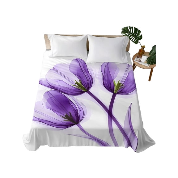 Luxury Purple Tulip Flat Sheets Only King Size, Soft Breathable Bed Top Sheets for Mattress, Watercolor Spring Rustic Floral Luxury Bedding Flat Sheets for Home Hotel Bedroom Bed Protection