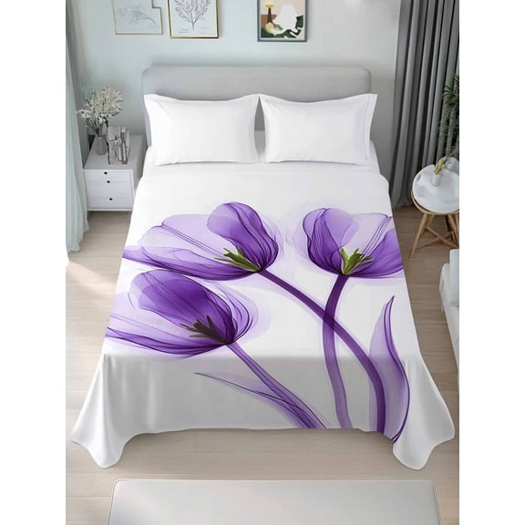 Luxury Purple Tulip Queen Size Flat Sheet, Wrinkleproof & Fadeproof Cooling Flat Bed Sheet Only, Watercolor Spring Rustic Floral Breathable Soft Bedding Top Sheets 90 x 102 Inches