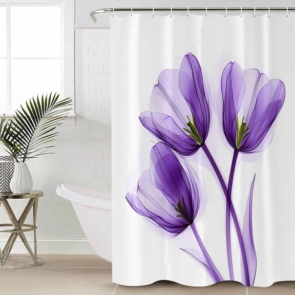 Luxury Purple Tulip Shower Curtain Set, Waterproof Shower Curtains for Bathroom, Watercolor Spring Rustic Floral Washable Fabric Cloth Bath Curtain for Bathtub Decoration with Hooks 54x78 Inches
