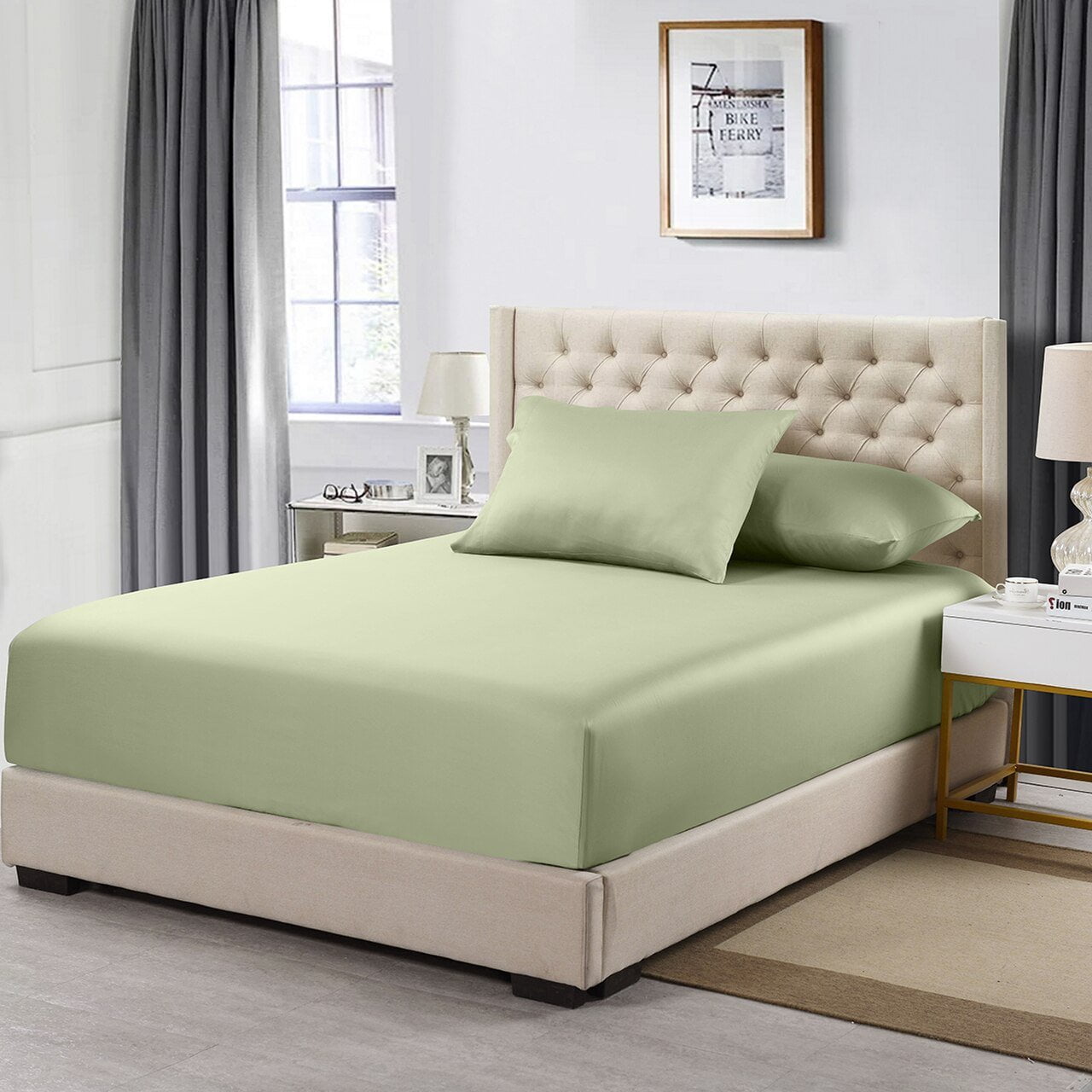 Sage Green Queen Size Cotton Fitted Sheet
