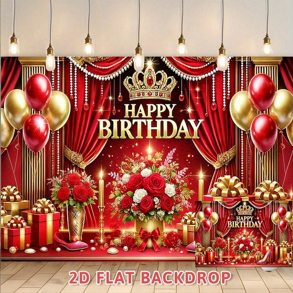 Luxury Red Gold Happy Birthday Backdrop,Adult Birthday Party Decoration Background,Perfect for Birthday Banquet Photo Booth,Party Scene Layout Prop