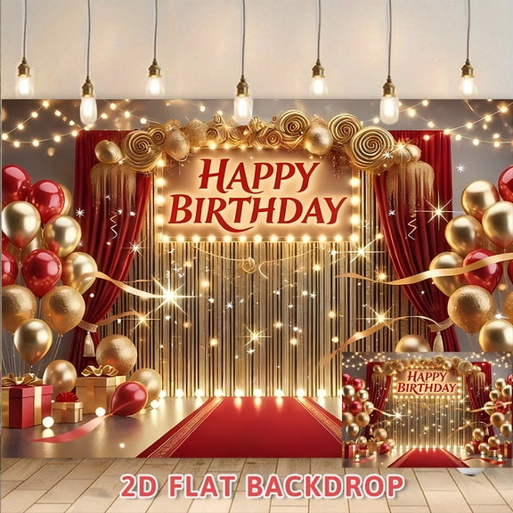 Luxury Red Gold Happy Birthday Backdrop, Perfect for Adult Birthday Parties, Banquets, Photo Booth Decorations, Elegant 2D Flat Banner for Celebration Scene Setup