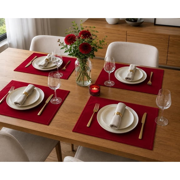 Luxury Red Velvet Fabric Placemats, Handmade Solid Color Table Mats, Elegant Dining Decor, Formal Dinner & Festive Table Linen 14 x 18 Inch (Pack of 4)