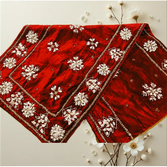 Luxury Red Velvet Table Runner with Gold Embroidered Beadwork, 16×72 Inches – Elegant Dining Table Decoration for Weddings, Parties & Festive Decor
