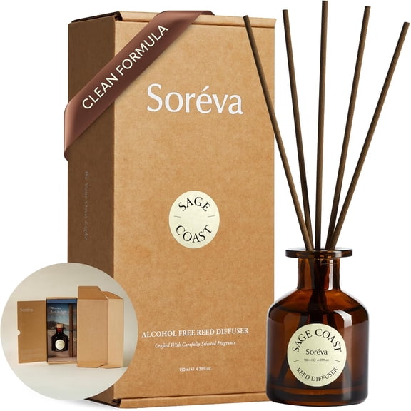 Luxury Reed Diffuser Set, Relaxing Sage and Sea Salt, Alcohol-Free Botanical Oils, Long Lasting 3-4 Months, Aromatherapy Home Fragrance for Bedroom & Office, Gift Set with 7 Sticks, 4.39 fl oz