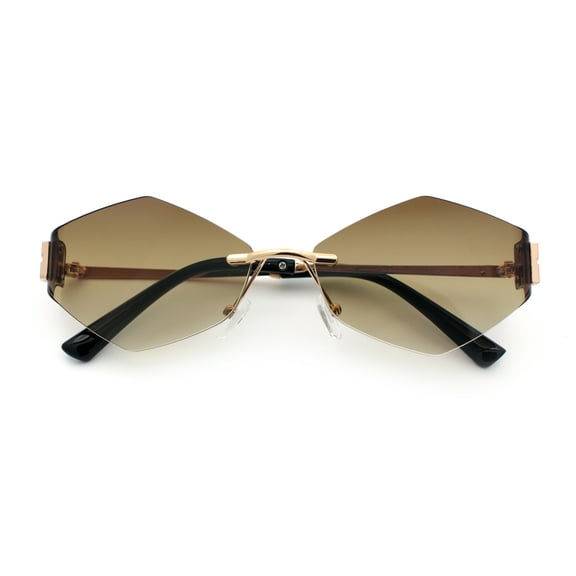 Luxury Retro Rimless Diamon Shape Hustler Metal Frame Sunglasses Gold - Brown