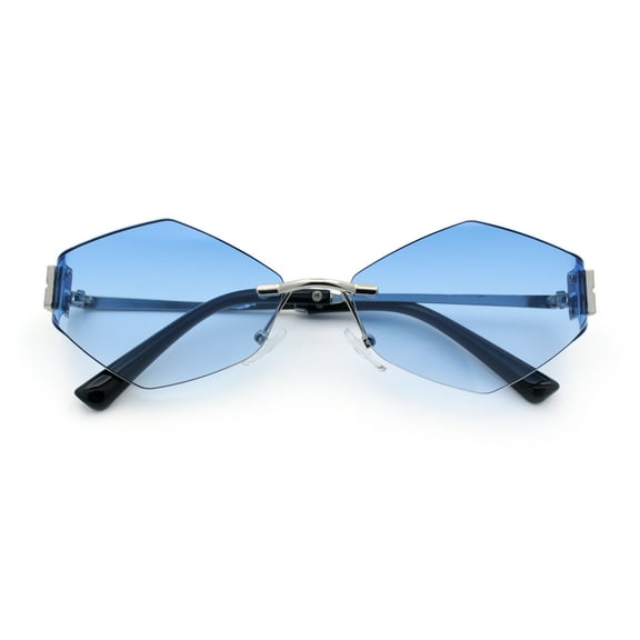 Luxury Retro Rimless Diamon Shape Hustler Metal Frame Sunglasses Silver - Blue