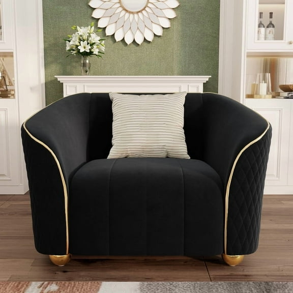 Luxury Retro Velvet Sofa Couch for Living Room, 40" Comfy Upholstered Armchair with Gold Metal Legs and Pillow, Curved Sectional Sofa Chair for Bedroom Office Apartment Black