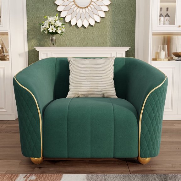 Luxury Retro Velvet Sofa Couch for Living Room, 40" Comfy Upholstered Armchair with Gold Metal Legs and Pillow, Curved Sectional Sofa Chair for Bedroom Office Apartment Green