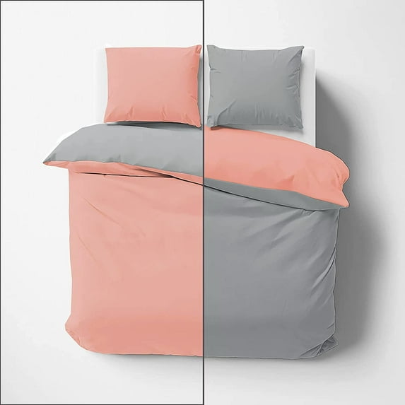 Luxury Reversible Duvet Cover 3 Piece, 600 Thread Count, Quilt Comfortor Cover, Easy Care Soft and Luxury, Super King Size - Light Gray & Pink Solid.