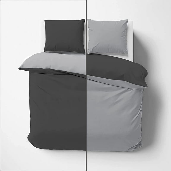 Luxury Reversible Duvet Cover 3 Piece, 600 Thread Count, Quilt Comfortor Cover, Easy Care Soft and Luxury, Twin Size - Light Gray & Black Solid.