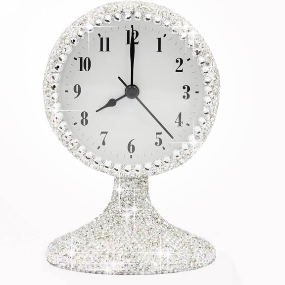 Luxury Rhinestone Alarm Desk Table Clock Handmade Fashion Design for Bedroom Living Room Silver