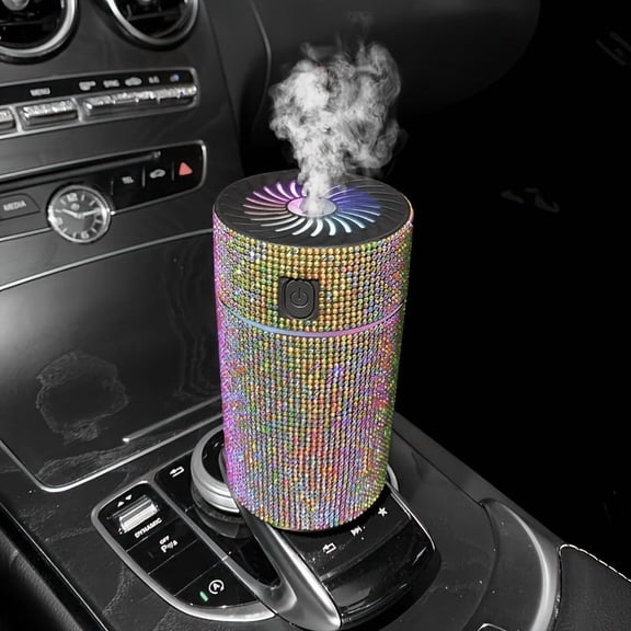 Luxury Rhinestone Car Diffuser Humidifier with LED Lights - Aromatherapy Essential Oil Air Freshener, Vehicle Accessory - Empty Bottle, No Fragrance, No Chemicals