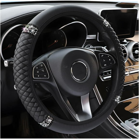 Luxury Rhinestone Car Steering Wheel Cover, 15 Inch Sparkly Steering Wheel Protector with Crystal Diamonds for Women, Soft Leather Non-Slip Grip for Most Cars Black