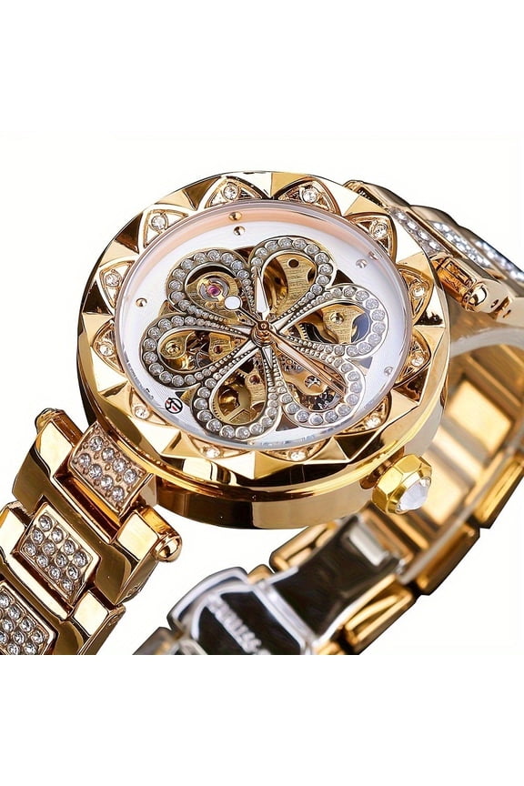 Luxury Rhinestone Flower Mechanical Watch - Retro Skeleton Fashion Analog with Water Resistant Stainless Steel Wristband, Precise Timekeeping, Crystal Clear Dial and Elegant Design for Women