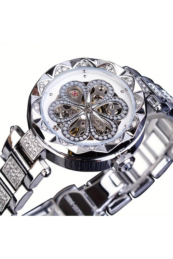 Luxury Rhinestone Flower Mechanical Watch - Retro Skeleton Fashion Analog with Water Resistant Stainless Steel Wristband, Precise Timekeeping, Crystal Clear Dial and Elegant Design for Women