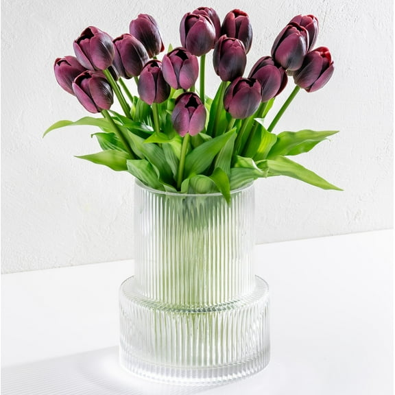 Luxury Ribbed Glass Vase Set With 20 Realistic Purple Artificial Tulips Flowers. Modern Fluted Clear Vase, Faux Tulips. Entryway Living Room, Dining Table, Shelf, Office Decor Wedding