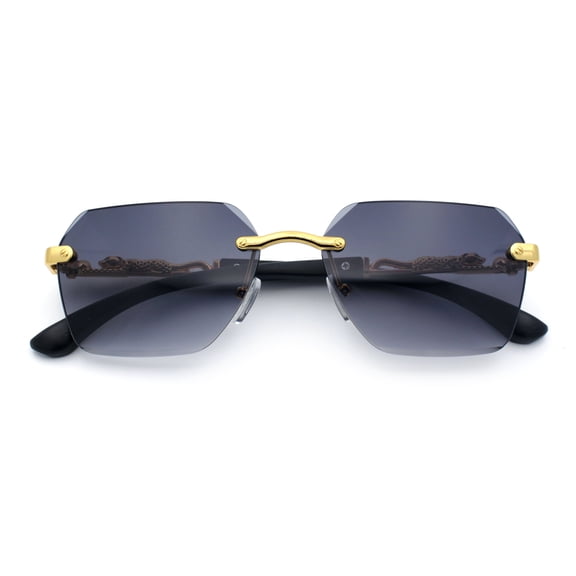Luxury Rimless Beveled Rectangle Lens Jaguar Metal Figurine Arm Sunglasses Gold Black - Smoke