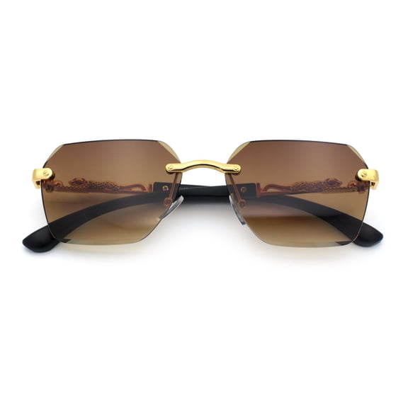 Luxury Rimless Beveled Rectangle Lens Jaguar Metal Figurine Arm Sunglasses Gold Brown - Brown
