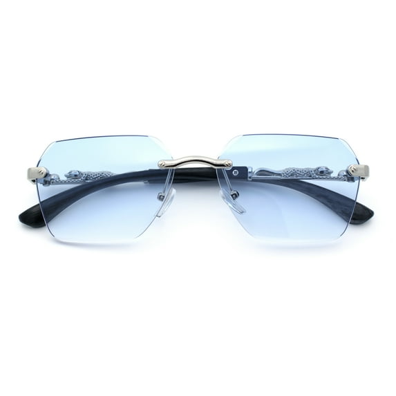 Luxury Rimless Beveled Rectangle Lens Jaguar Metal Figurine Arm Sunglasses Silver Black - Blue