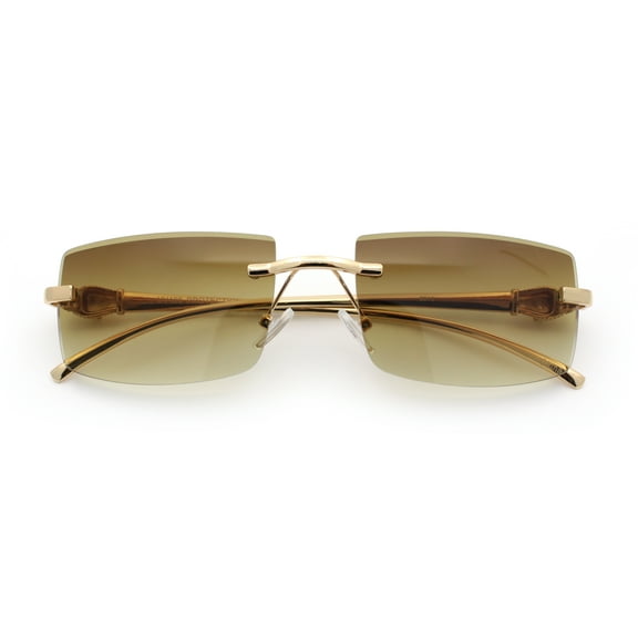 Luxury Rimless Metal Jaguar Arm Narrow Rectangle Rapper Sunglasses Gold - Brown