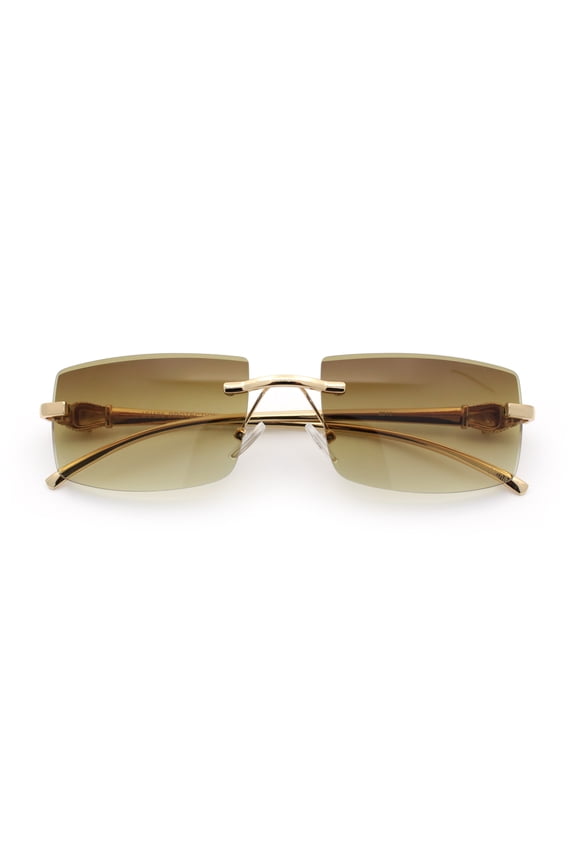 Luxury Rimless Metal Jaguar Arm Narrow Rectangle Rapper Sunglasses Gold - Brown