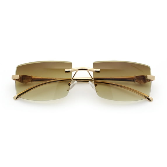 Luxury Rimless Metal Jaguar Arm Narrow Rectangle Rapper Sunglasses Gold - Brown