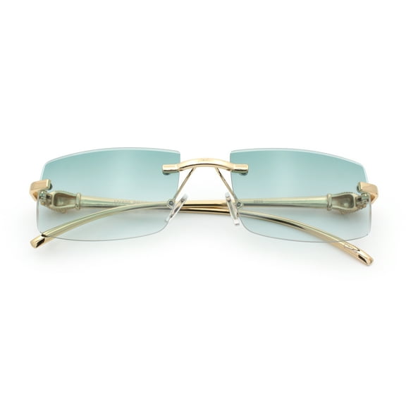 Luxury Rimless Metal Jaguar Arm Narrow Rectangle Rapper Sunglasses Gold - Green