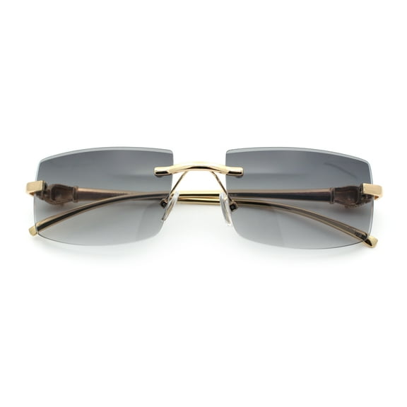 Luxury Rimless Metal Jaguar Arm Narrow Rectangle Rapper Sunglasses Gold - Smoke