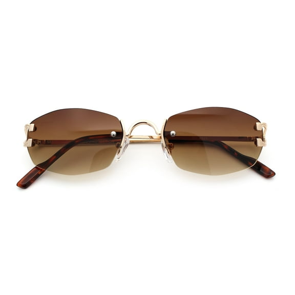 Luxury Rimless OG Fancy Narrow Oval Metal Rim Hustler Fashion Sunglasses Gold - Brown