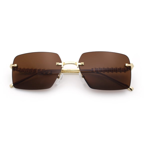 Luxury Rimless Rectangle Metal Pyramid Stud Jewel Arm Metal Rim Sunglasses Gold - Brown