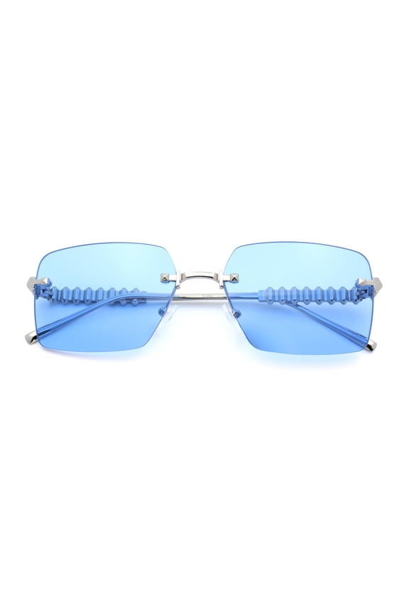 Luxury Rimless Rectangle Metal Pyramid Stud Jewel Arm Metal Rim Sunglasses Silver - Blue