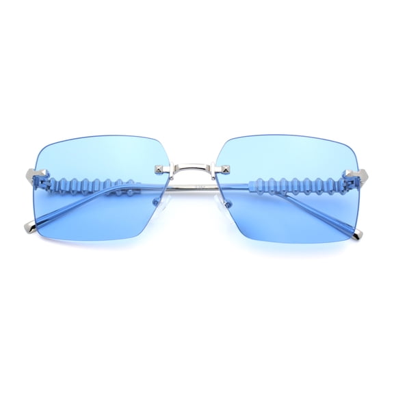 Luxury Rimless Rectangle Metal Pyramid Stud Jewel Arm Metal Rim Sunglasses Silver - Blue