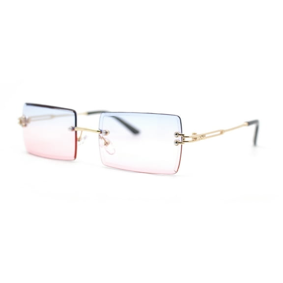Luxury Rimless Showy Hustler Rectangle Metal Rim Sunglasses Gold - Blue Pink