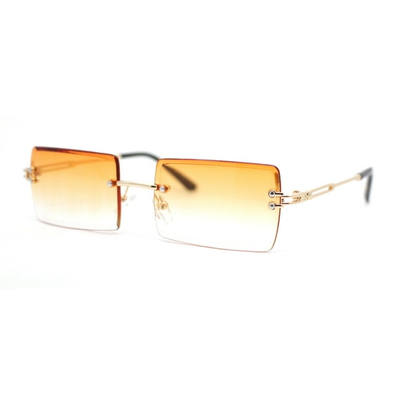 Luxury Rimless Showy Hustler Rectangle Metal Rim Sunglasses Gold - Orange