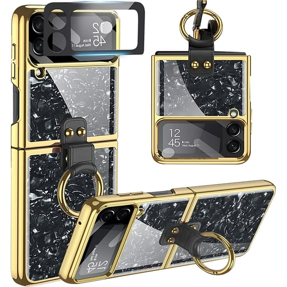 Luxury Ring Case Compatible for Samsung Galaxy Z Flip 4 5g Case with Camera Screen Protector 2022,Shockproof Electroplate Protective Stand Cover Flip Phone Case for Samsung Flip 4 Case Black