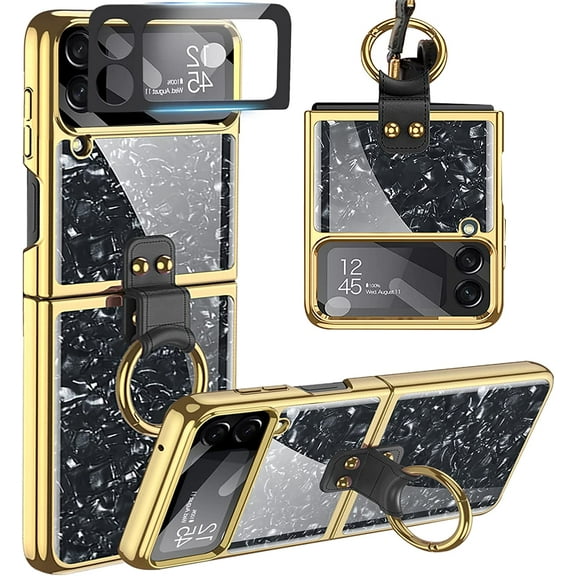 Luxury Ring Case Compatible for Samsung Galaxy Z Flip 4 5g Case with Camera Screen Protector 2022,Shockproof Electroplate Protective Stand Cover Flip Phone Case for Samsung Flip 4 Case Black